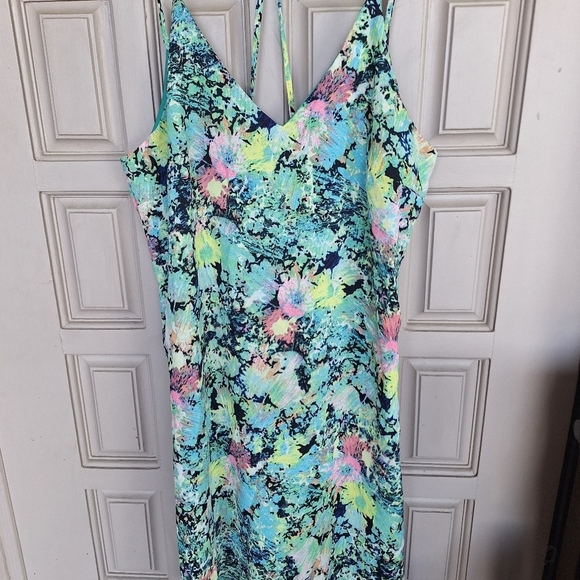 Xhileration Dress Spaghetti Cross Straps SzL Aqua Floral Print Pretty Summer - Picture 8 of 10